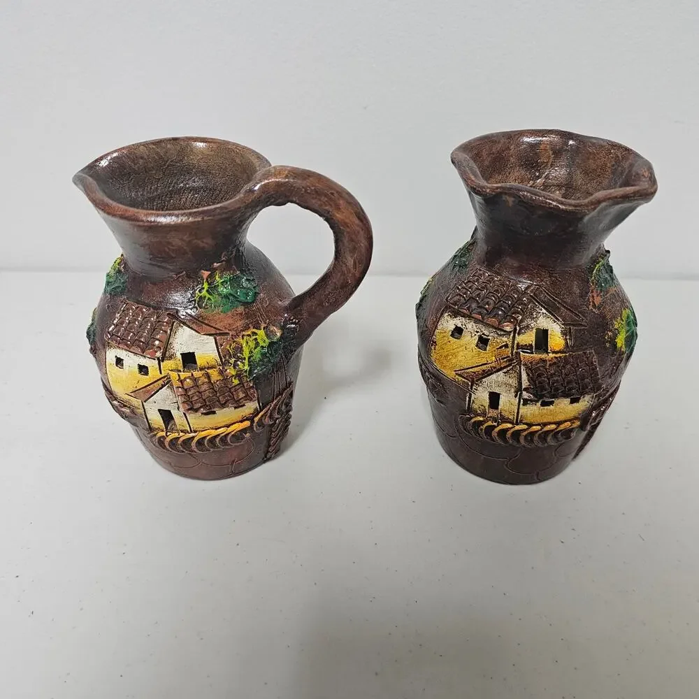 Set of 2 Handcrafted Guatamalan Vases with Three Dimensional Houses